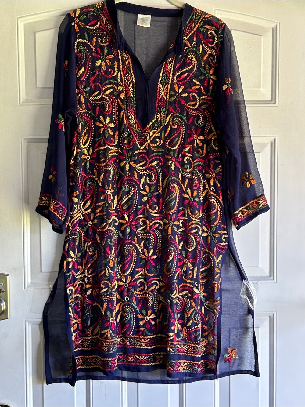 ROYAL MOTA SHEER NAVY BLUE TUNIC IS ADORNED WITH FLORAL & EMBROIDERED SZ 40